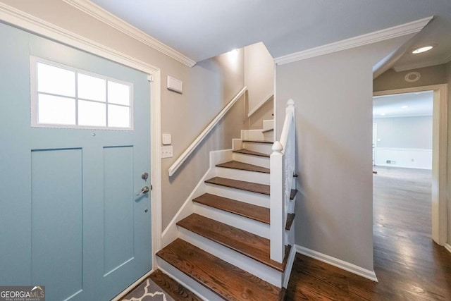 9805 Buice Rd, Alpharetta, GA 30022 - entrance foyer featuring wood finished floors, stairway, ornamental molding, and recessed lighting