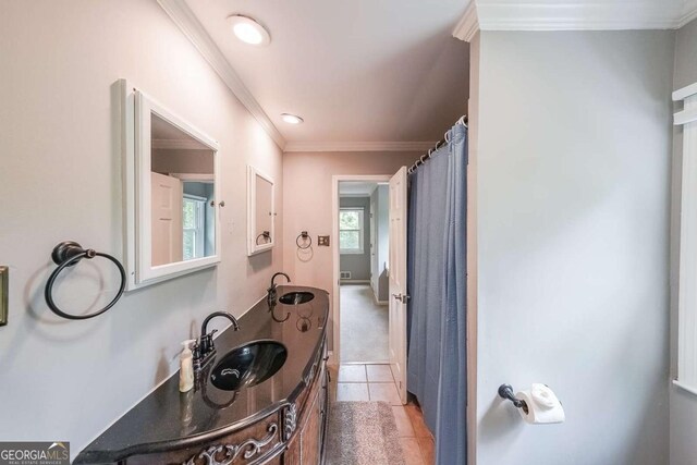 9805 Buice Rd, Alpharetta, GA 30022 - bathroom with vanity, ornamental molding, and tile patterned floors