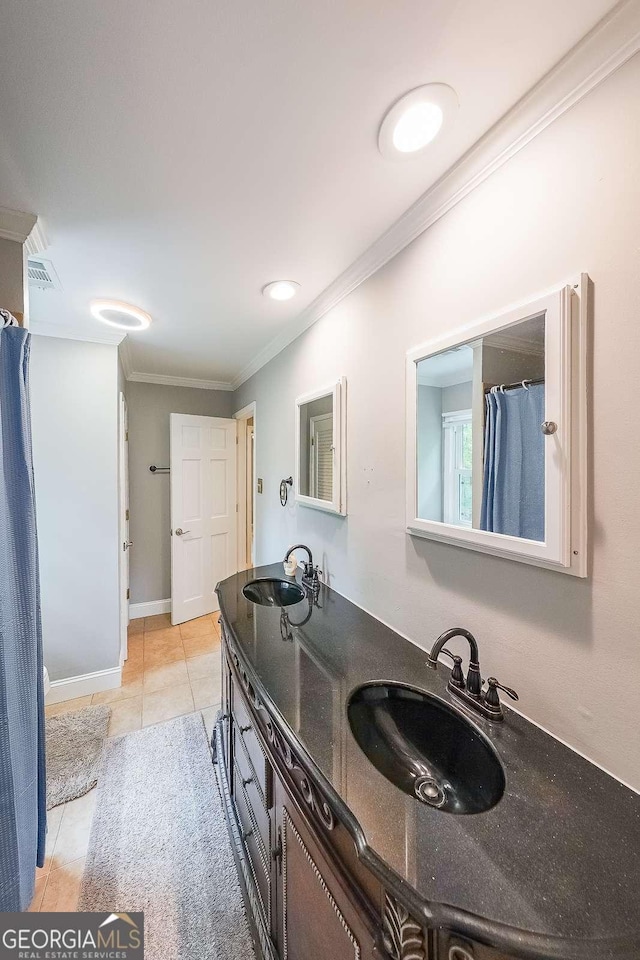9805 Buice Rd, Alpharetta, GA 30022 - full bath featuring tile patterned flooring, ornamental molding, and double vanity