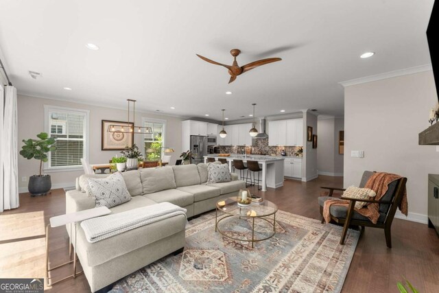 109 Bellehaven Dr, Woodstock, GA 30188 - living room featuring crown molding, a ceiling fan, recessed lighting, and wood finished floors