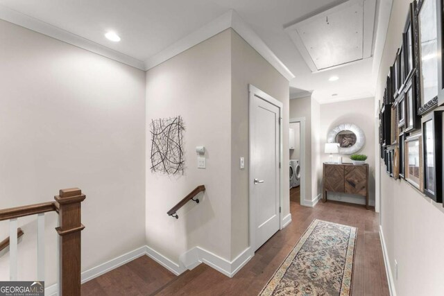 109 Bellehaven Dr, Woodstock, GA 30188 - corridor featuring attic access, an upstairs landing, wood finished floors, and crown molding