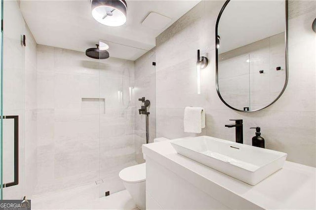 6090 River Chase Cir, Atlanta, GA 30328 - full bathroom featuring tile walls, a shower stall, and vanity