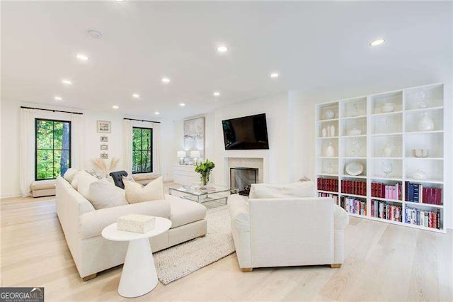 6090 River Chase Cir, Atlanta, GA 30328 - living room featuring a fireplace, recessed lighting, and light wood-type flooring