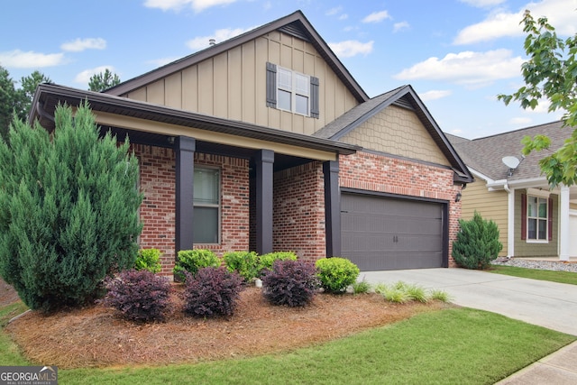 115 Court Xing, Locust Grove, GA 30248 - craftsman house with board and batten siding, brick siding, driveway, an attached garage, and covered porch