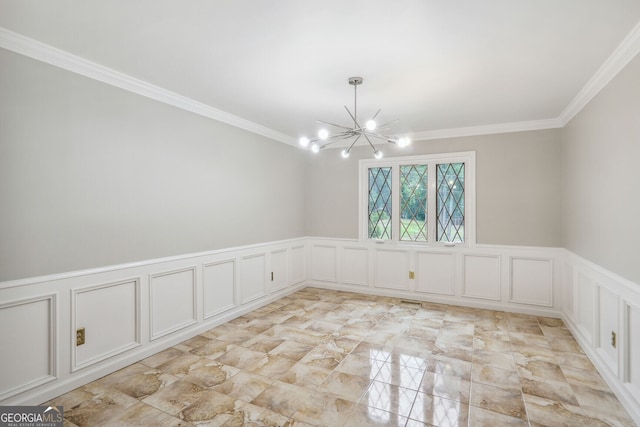 9055 Green Valley Ct, Douglasville, GA 30134 - unfurnished room with a chandelier, a decorative wall, ornamental molding, a wainscoted wall, and light marble finish flooring