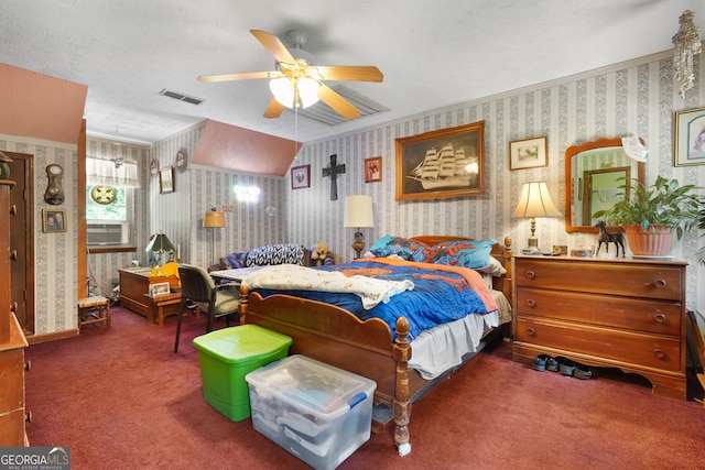 292 Selfridge Rd, Mcdonough, GA 30252 - bedroom with wallpapered walls, carpet floors, a textured ceiling, cooling unit, and ceiling fan