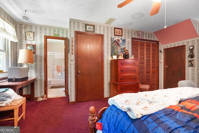 292 Selfridge Rd, Mcdonough, GA 30252 - bedroom with wallpapered walls, carpet, a textured ceiling, ensuite bath, and a ceiling fan