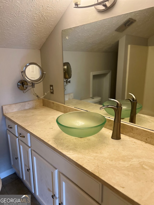 470 Huntington Rd Unit 5, Athens, GA 30606 - bathroom with a textured ceiling, vanity, lofted ceiling, and tile patterned floors