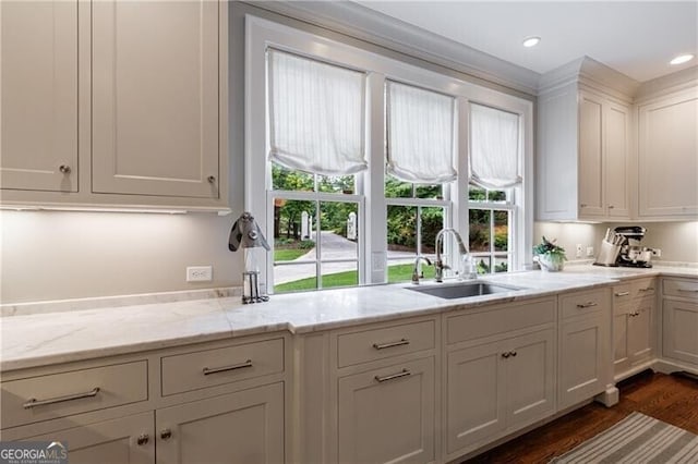 510 Heards Ferry Rd, Atlanta, GA 30328 - kitchen with white cabinetry, dark wood-style flooring, light stone countertops, and recessed lighting