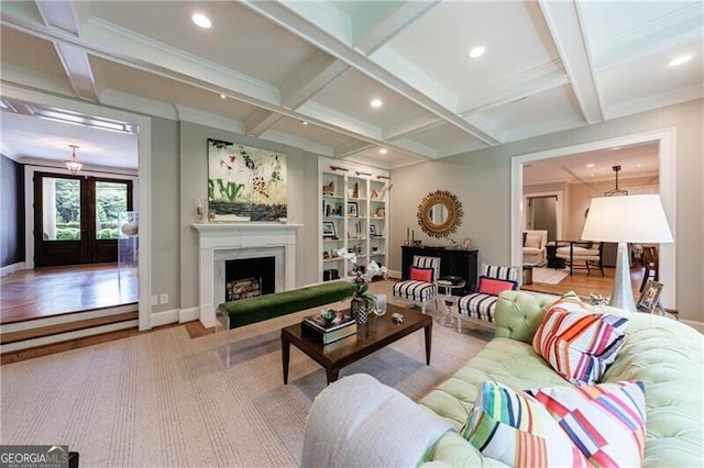 510 Heards Ferry Rd, Atlanta, GA 30328 - living room with coffered ceiling, a premium fireplace, french doors, beamed ceiling, and recessed lighting