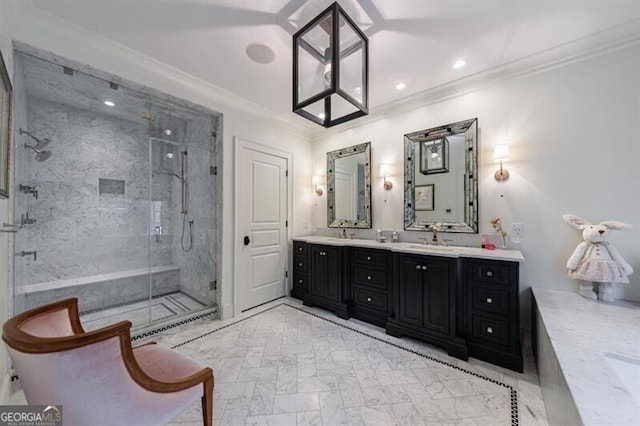 510 Heards Ferry Rd, Atlanta, GA 30328 - bathroom featuring ornamental molding, double vanity, a marble finish shower, marble finish floors, and a tub to relax in