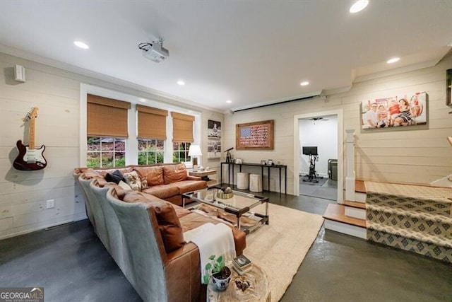 510 Heards Ferry Rd, Atlanta, GA 30328 - living area with recessed lighting, concrete flooring, and wooden walls