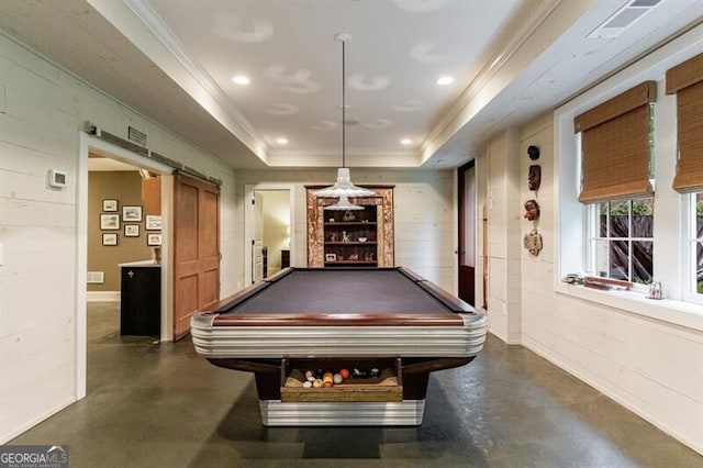 510 Heards Ferry Rd, Atlanta, GA 30328 - playroom featuring finished concrete floors, ornamental molding, billiards, recessed lighting, and a tray ceiling
