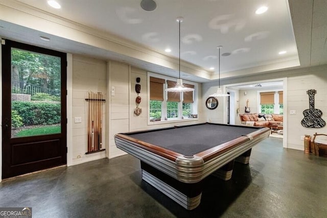 510 Heards Ferry Rd, Atlanta, GA 30328 - game room featuring ornamental molding, concrete flooring, billiards table, a tray ceiling, and recessed lighting