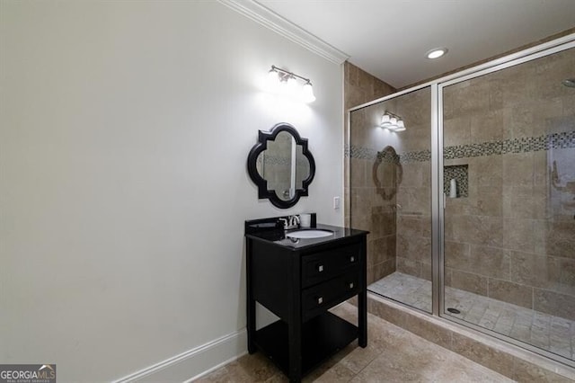510 Heards Ferry Rd, Atlanta, GA 30328 - full bathroom featuring vanity, a stall shower, ornamental molding, and tile patterned floors