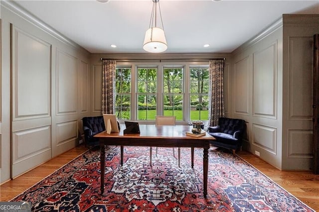 510 Heards Ferry Rd, Atlanta, GA 30328 - home office with a decorative wall, crown molding, light wood-style flooring, and recessed lighting