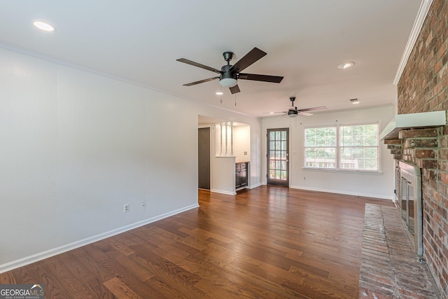 3109 Albatross Ln, Decatur, GA 30034 - unfurnished living room with ceiling fan, dark wood-type flooring, a fireplace, crown molding, and recessed lighting