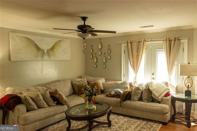 5590 Stonewood Ct, Norcross, GA 30093 - living room featuring ornamental molding, a ceiling fan, and wood finished floors