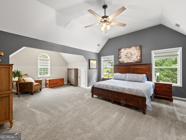 302 Thornhill Cir, Jefferson, GA 30549 - bedroom with lofted ceiling, carpet, multiple windows, and ceiling fan