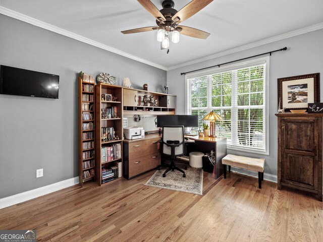 302 Thornhill Cir, Jefferson, GA 30549 - office featuring light wood-style floors, ceiling fan, and crown molding