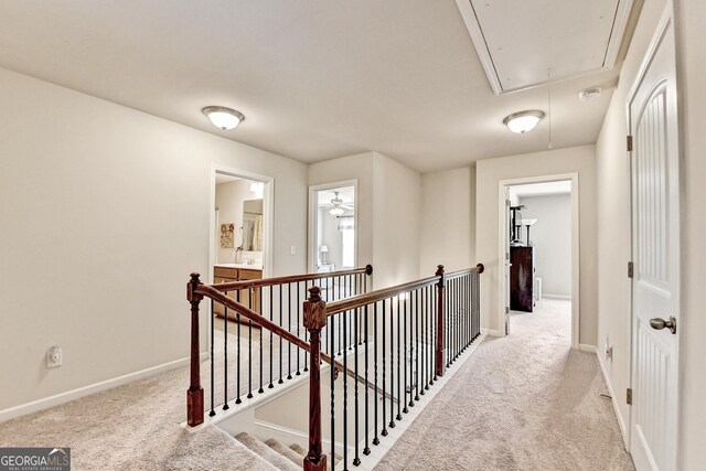 2325 Lake Cove Ct, Buford, GA 30519 - hall featuring attic access, carpet flooring, and an upstairs landing