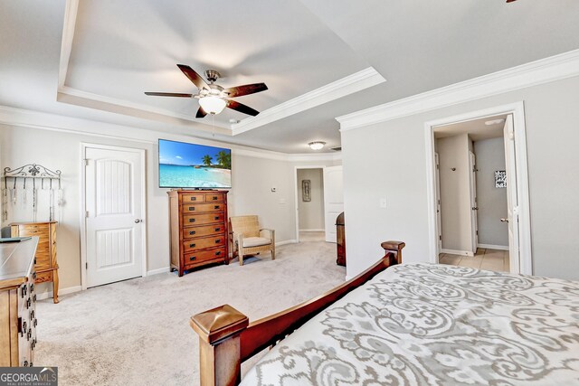 2325 Lake Cove Ct, Buford, GA 30519 - bedroom featuring a raised ceiling, ornamental molding, light colored carpet, and a ceiling fan