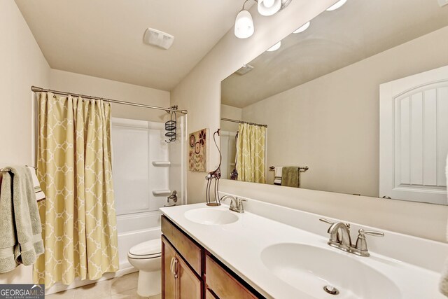 2325 Lake Cove Ct, Buford, GA 30519 - full bathroom with double vanity, shower / bathtub combination with curtain, and tile patterned floors