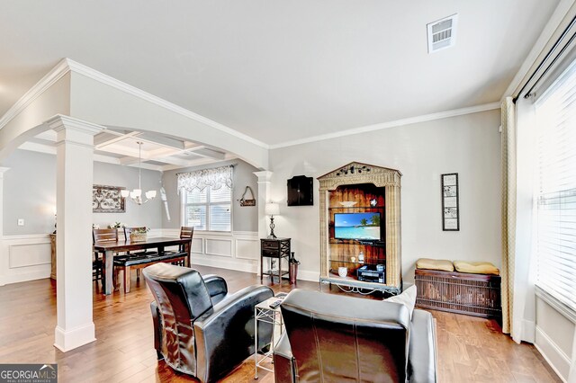 2325 Lake Cove Ct, Buford, GA 30519 - living room featuring ornate columns, a decorative wall, wood finished floors, coffered ceiling, and beamed ceiling