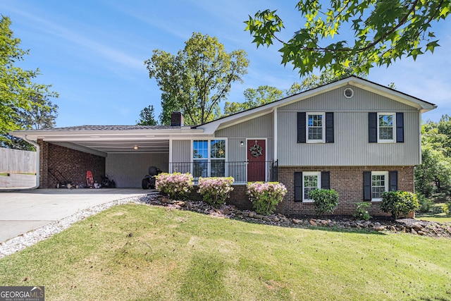 15 Cedar Ln E, Newnan, GA 30263 - split level home with brick siding, concrete driveway, a chimney, and a carport