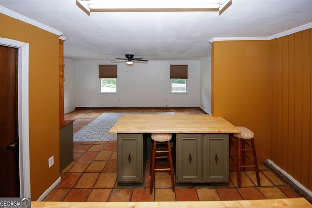 2202 Springdale Dr, Snellville, GA 30078 - kitchen with healthy amount of natural light, wooden counters, a ceiling fan, and gray cabinets