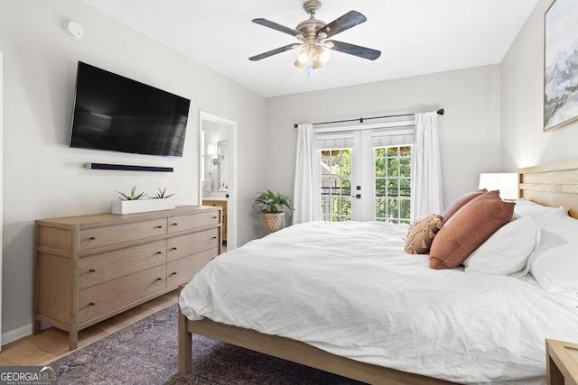 300 Brickworks Cir NE # 302, Atlanta, GA 30307 - bedroom featuring access to exterior, french doors, light wood-style flooring, ensuite bathroom, and ceiling fan
