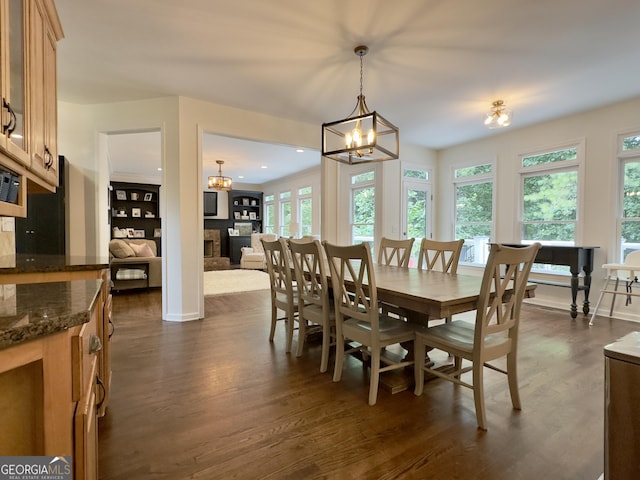 48 Red Bud Ln, Dallas, GA 30132 - dining space featuring dark wood finished floors, a chandelier, and a fireplace