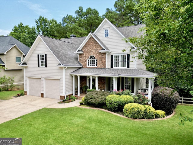 48 Red Bud Ln, Dallas, GA 30132 - traditional home with covered porch, driveway, roof with shingles, an attached garage, and brick siding