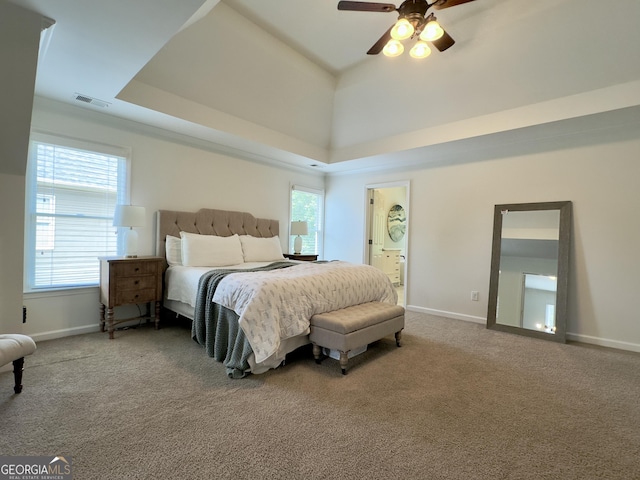 48 Red Bud Ln, Dallas, GA 30132 - bedroom featuring carpet flooring, a tray ceiling, ceiling fan, and ensuite bathroom