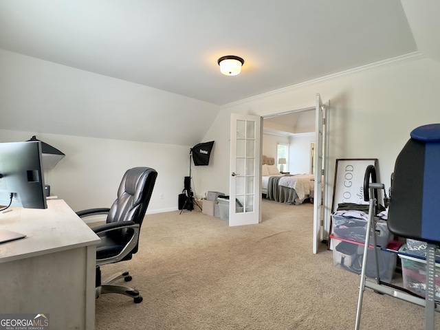 48 Red Bud Ln, Dallas, GA 30132 - carpeted office space with french doors, crown molding, and vaulted ceiling