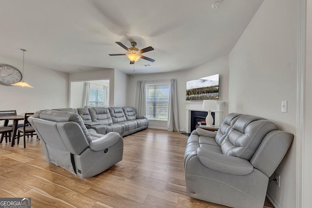 320 Pebblestone Ln, Canton, GA 30115 - living room featuring a ceiling fan, light wood-style flooring, and a glass covered fireplace