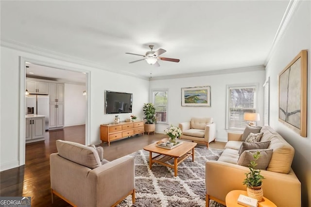 2108 Main St NW, Atlanta, GA 30318 - living room featuring ornamental molding, ceiling fan, and dark wood-type flooring