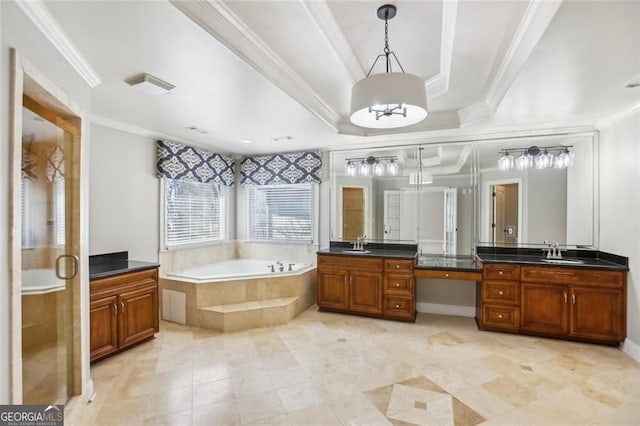 2108 Main St NW, Atlanta, GA 30318 - bathroom with vanity, crown molding, a garden tub, a stall shower, and a raised ceiling