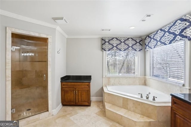 2108 Main St NW, Atlanta, GA 30318 - full bathroom with a garden tub, a stall shower, ornamental molding, and vanity