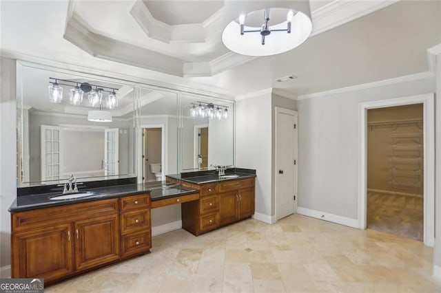 2108 Main St NW, Atlanta, GA 30318 - full bathroom featuring vanity, crown molding, a chandelier, a tray ceiling, and a spacious closet