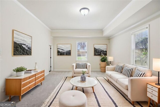 2108 Main St NW, Atlanta, GA 30318 - living area featuring plenty of natural light, light colored carpet, and ornamental molding