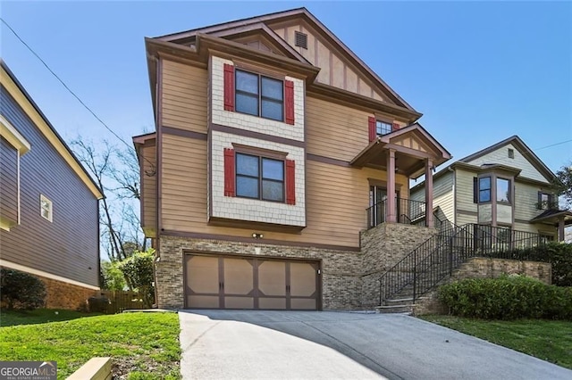 2108 Main St NW, Atlanta, GA 30318 - view of front of property with an attached garage, driveway, stairs, a front yard, and brick siding