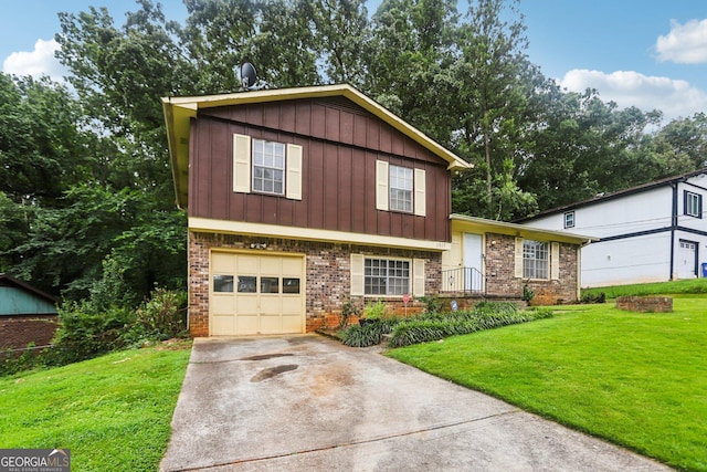 1517 Indian Forest Trl, Stone Mountain, GA 30083 - split level home featuring an attached garage, a front yard, brick siding, driveway, and board and batten siding