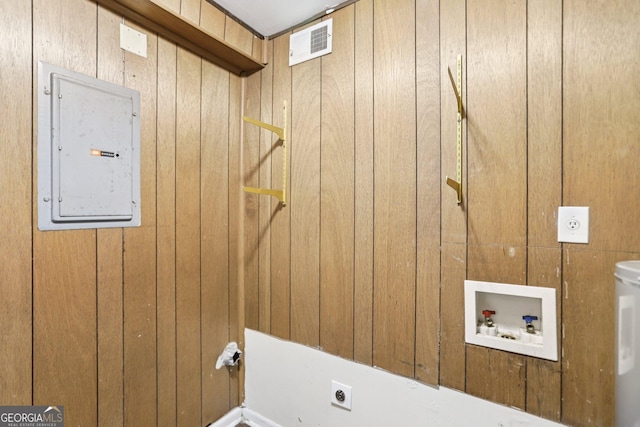 1517 Indian Forest Trl, Stone Mountain, GA 30083 - laundry room with electric dryer hookup, electric panel, wood walls, and hookup for a washing machine