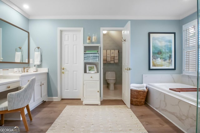 6380 Bannerhorn Run, Alpharetta, GA 30005 - full bathroom with vanity, a garden tub, wood finished floors, and ornamental molding