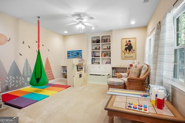 6380 Bannerhorn Run, Alpharetta, GA 30005 - playroom with a ceiling fan, recessed lighting, built in shelves, and carpet