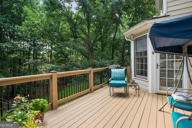 6380 Bannerhorn Run, Alpharetta, GA 30005 - wooden deck featuring view of scattered trees