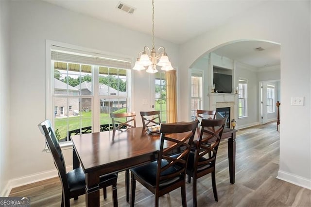 1147 Scenic Park Trl, Lawrenceville, GA 30046 - dining space featuring arched walkways, a glass covered fireplace, and healthy amount of natural light