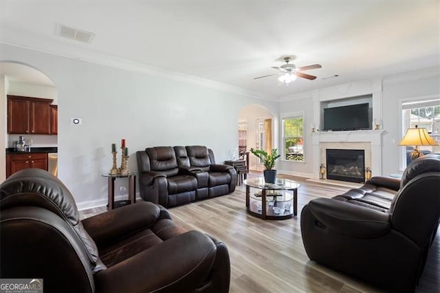 1147 Scenic Park Trl, Lawrenceville, GA 30046 - living area featuring arched walkways, a ceiling fan, light wood-style floors, crown molding, and a high end fireplace