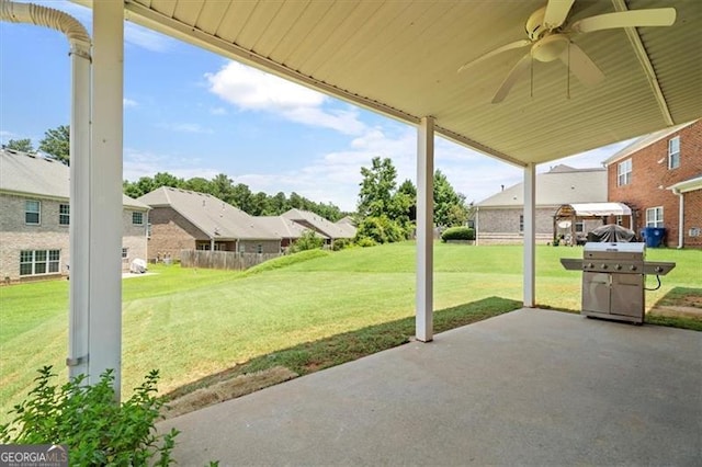1147 Scenic Park Trl, Lawrenceville, GA 30046 - view of patio / terrace featuring ceiling fan, a residential view, and area for grilling